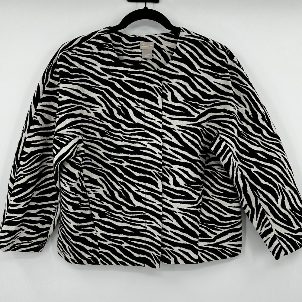 Chicos Womens Black White Zebra Print Jacket Size 1 Medium Collarless Open Front